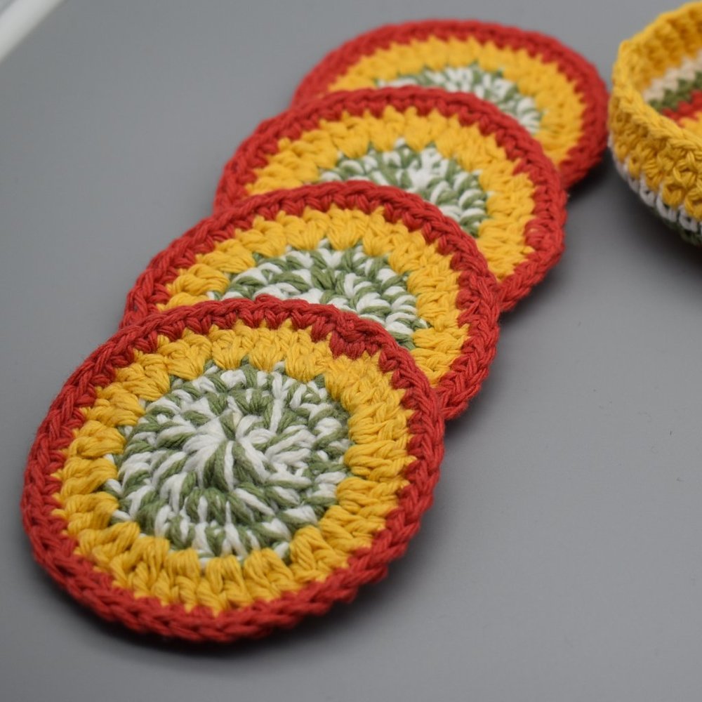 Handcrafted Crochet Coasters Set of four with Matching Basket - Picture 8 of 11